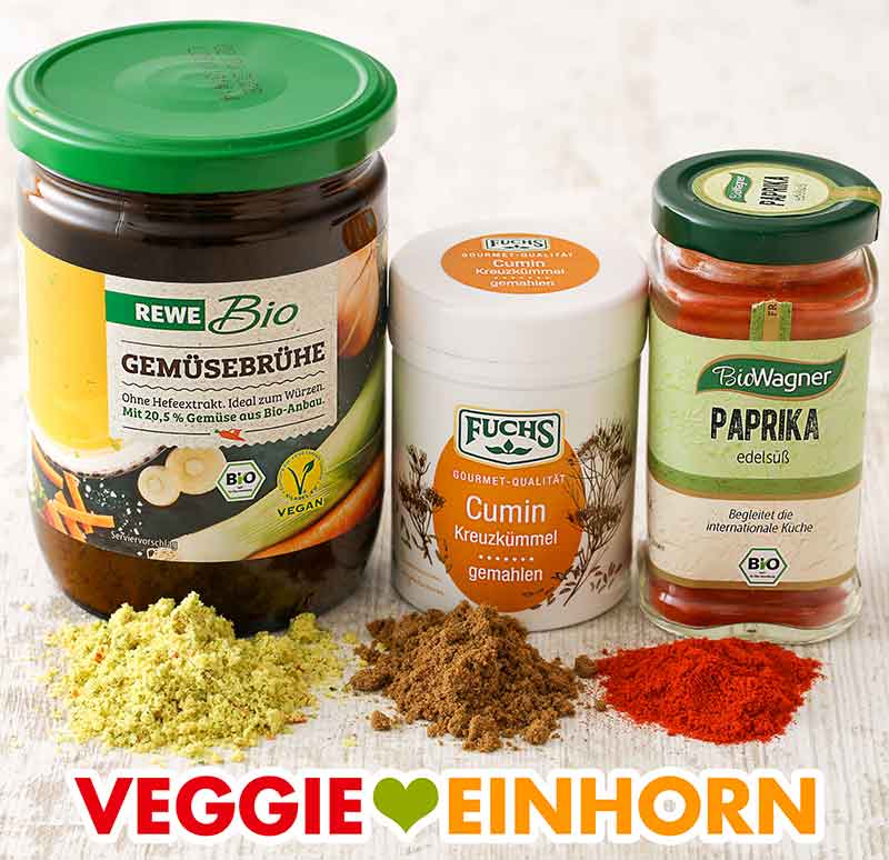 Rewe Bio Gemüsebrühe, Fuchs Kumin, Bio Wagner Paprikapulver edelsüß Gemüsebrühe Pulver, Kumin und Paprika edelsüß