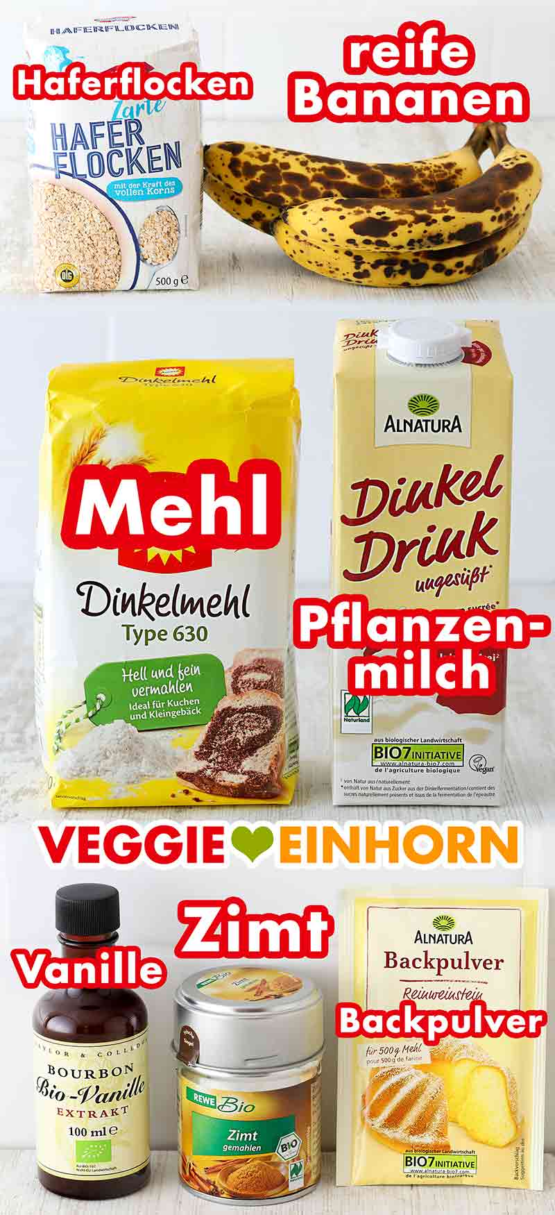 Produkte für vegane Bananen Haferflocken Muffins Verwendete Produkte für Haferflocken Bananen Muffins