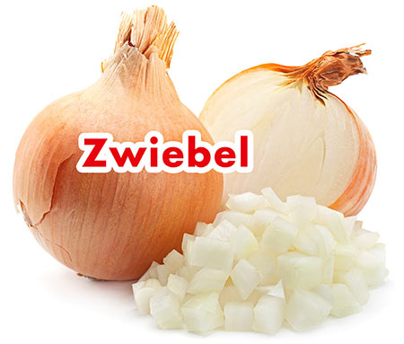Eine Zwiebel und Zwiebelwürfel