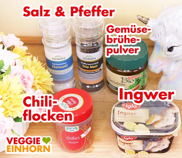 Gewürze Chiliflocken, Ingwer, Salz, Pfeffer, Gemüsebrühe Pulver