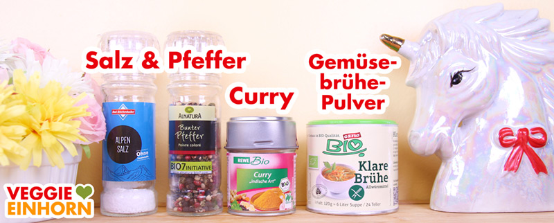 Gewürze Curry, Salz, Pfeffer, Gemüsebrühe Pulver