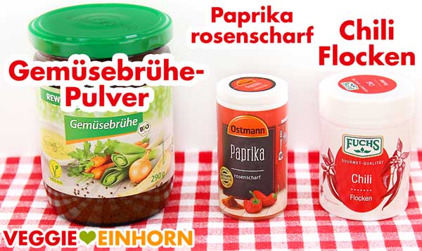 Veganes Gemüsebrühe Pulver, Paprika rosenscharf und Chiliflocken Veganes Gemüsebrühe Pulver, Paprika rosenscharf und Chiliflocken