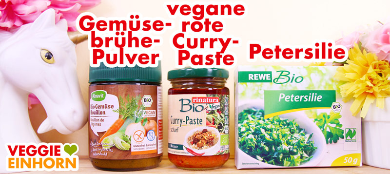 Alnavit Gemüsebrühe Pulver, vegane rote Currypaste von rinatura, tiefgekühlte gehackte Petersilie von Rewe Bio Gemüsebrühepulver, vegane rote Currypaste, Petersilie