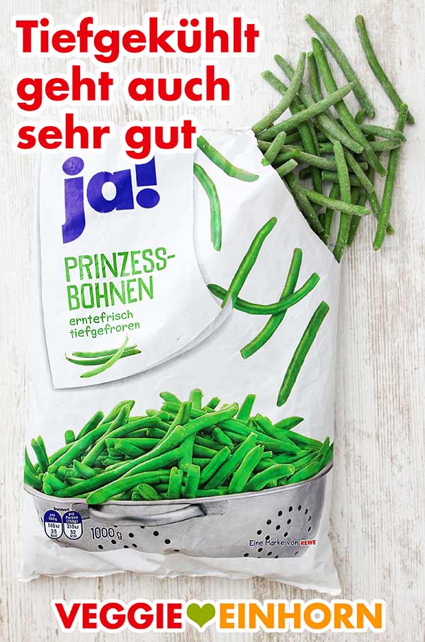Tiefgekühlte Bohnen für Bohnensalat Eine Packung Tiefkühlbohnen