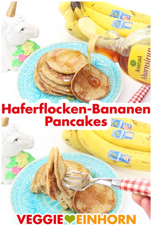 Vegane Haferflocken-Bananen-Pfannkuchen mit Ahornsirup serviert