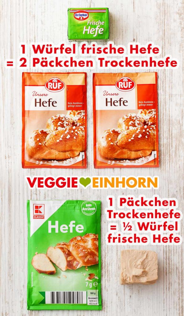 Frische Hefewürfel und Trockenhefe Päckchen auf einem Tisch