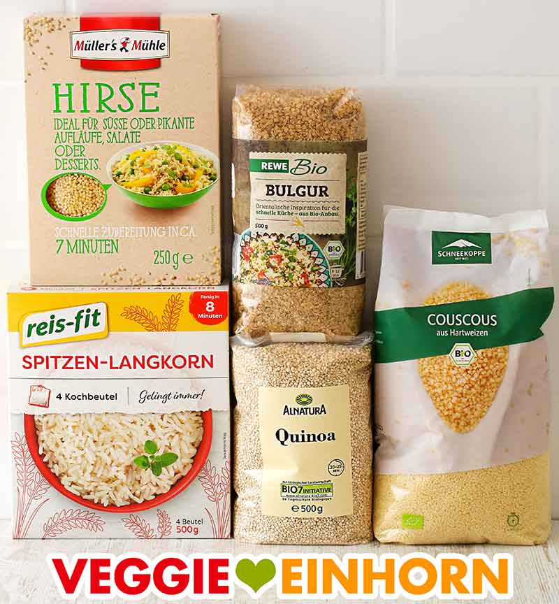 Hirse, Bulgur, Langkornreis, weißer Quinoa, Bio Couscous Packungen mit Hirse, Bulgur, Reis, Quinoa und Couscous