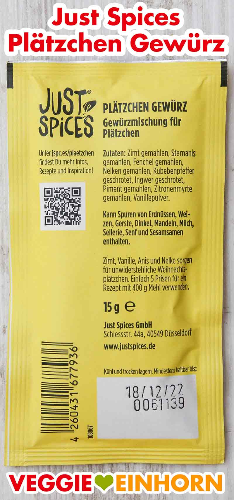 Packungsrückseite Just Spices Plätzchengewürz Rückseite der Verpackung von Just Spices Plätzchen Gewürz