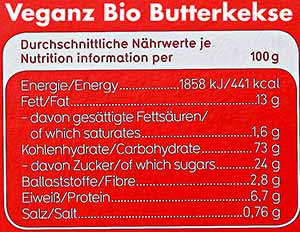 Nährwerte vegane Bio Butterkekse von Veganz Kalorien Veganz Bio Butterkekse