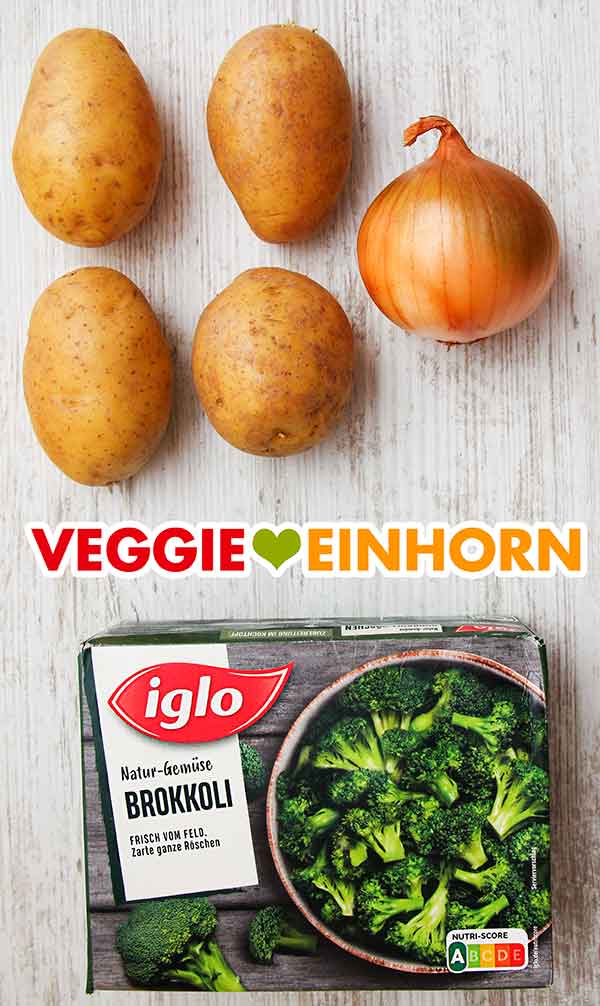 Kartoffeln, Zwiebel und tiefgefrorener Brokkoli Vier Kartoffeln, eine Zwiebel und eine Packung tiefgekühlter Brokkoli