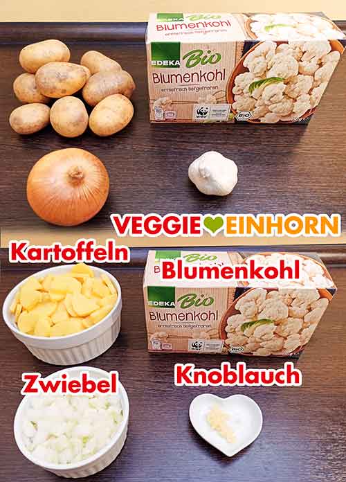 Festkochende Kartoffeln, tiefgefrorener Blumenkohl von Edeka Bio, Zwiebel, Knoblauch Kartoffeln, tiefgekühlter Blumenkohl, Zwiebel, Knoblauch
