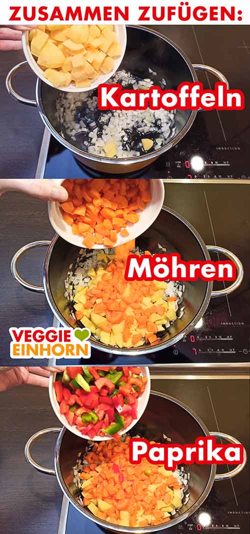 Kartoffeln, Möhren, rote und grüne Paprika Kartoffeln, Möhren und Paprika werden in den Topf zugefügt