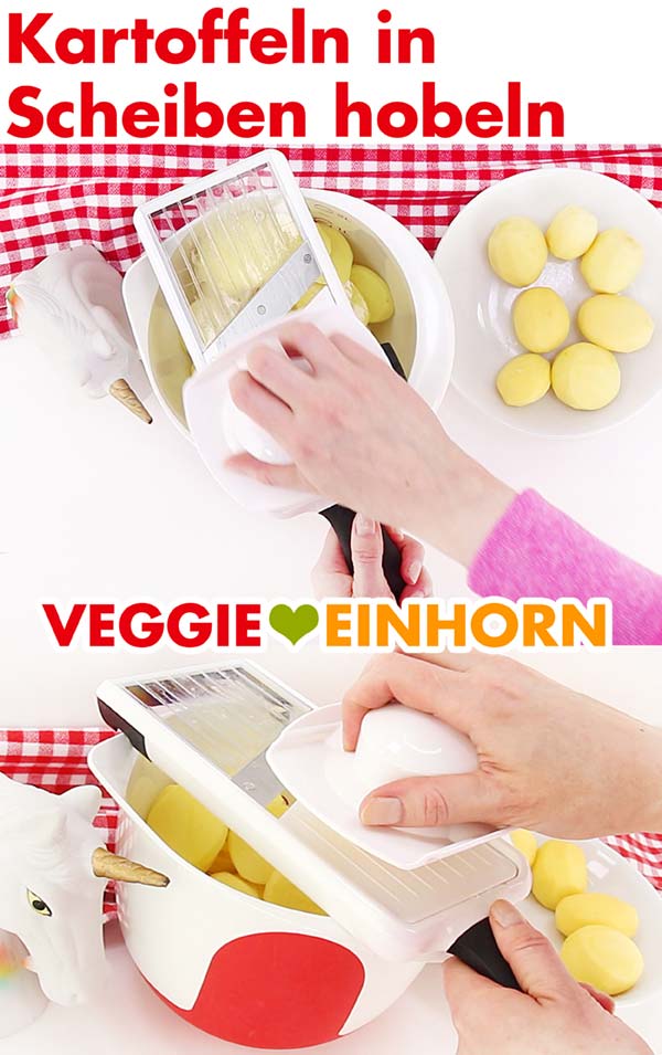 Kartoffeln für Kartoffelgratin in Scheiben hobeln Kartoffeln für Kartoffelgratin in Scheiben hobeln