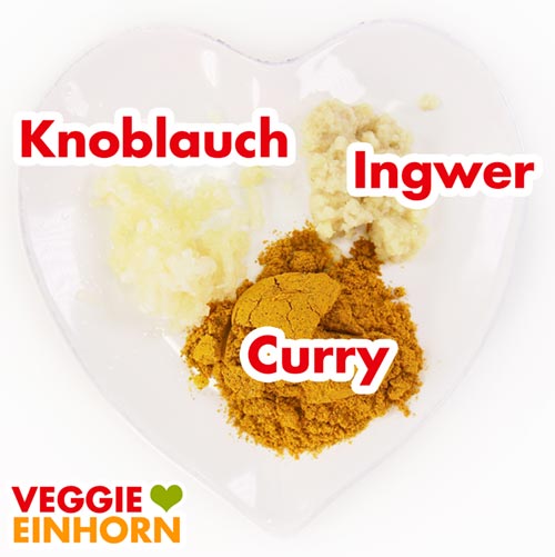Gepresster Knoblauch, geriebener Ingwer, Currypulver