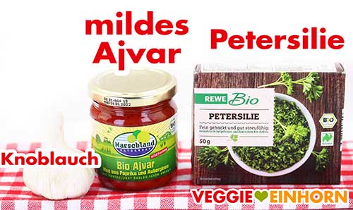 Knoblauch, mildes Ajvar, tiefgefrorene Petersilie.