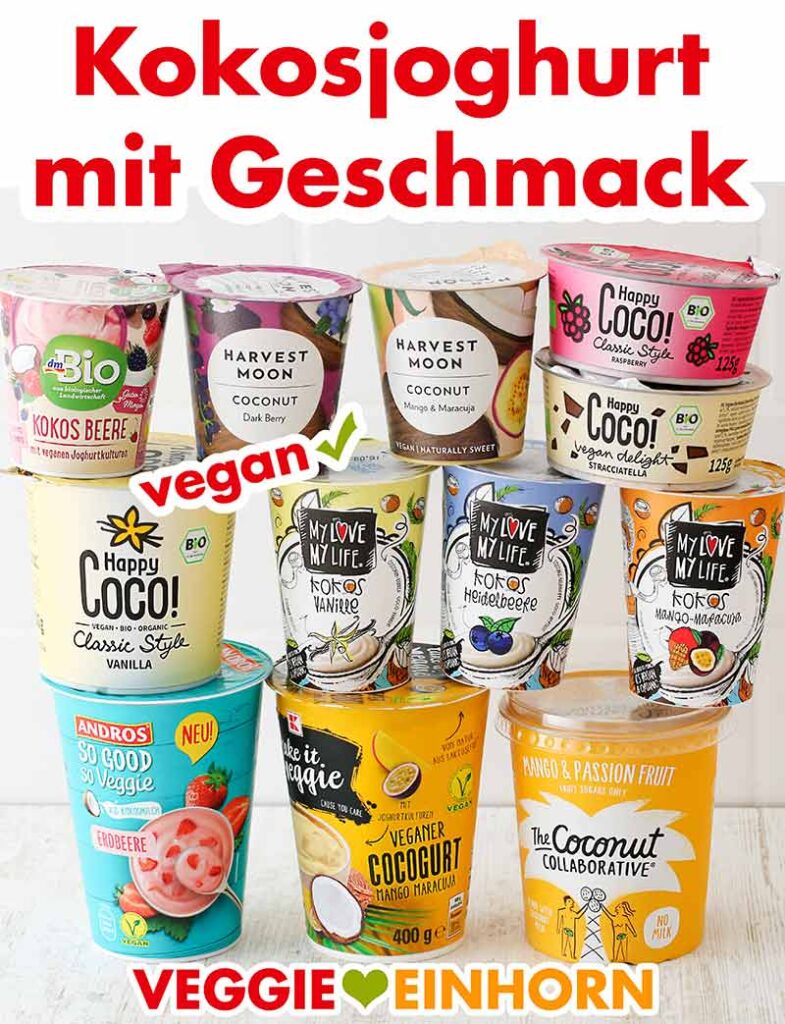 Kokosjoghurt mit Frucht oder Vanille Geschmack Becher mit Kokosjoghurt von verschiedenen Marken