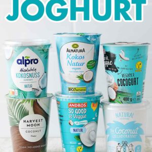 Sechs Becher Kokosjoghurt von verschiedenen Marken