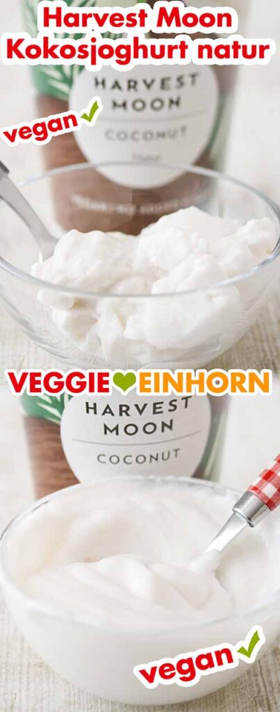 Harvest Moon Kokosnuss Joghurt Harvest Moon Kokosjoghurt in einem Schälchen vor und nach dem Umrühren