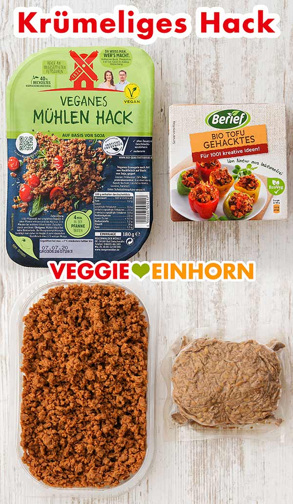 Packungen mit krümeligem veganem Hack