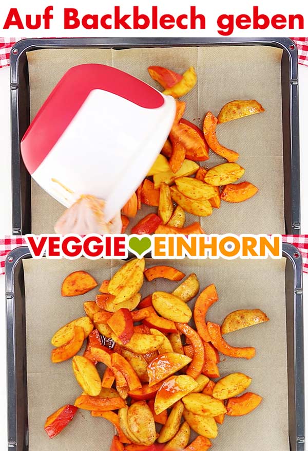 Gewürzte Kürbisspalten und Kartoffel Wedges auf Backblech geben.