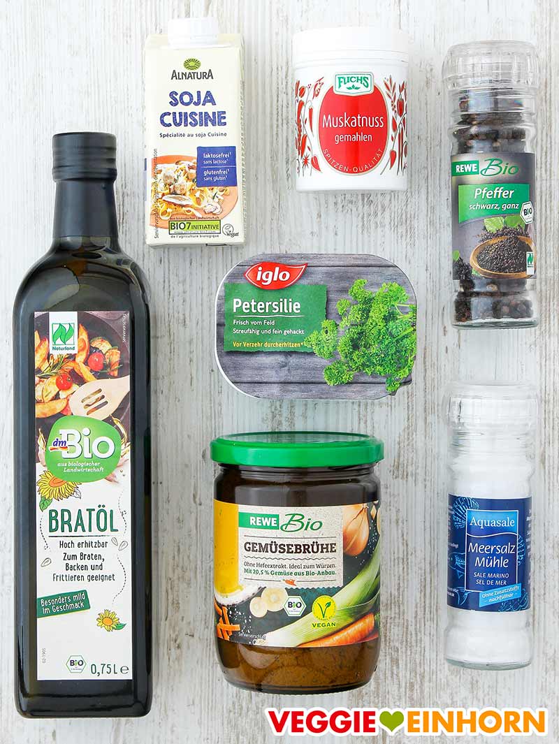Bratöl, Soja Cuisine, Muskat, Petersilie, Gemüsebrühe Pulver