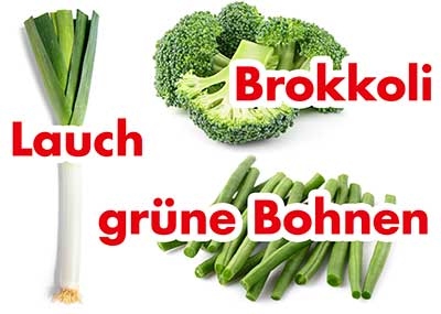 Lauch, Brokkoli und grüne Bohnen.