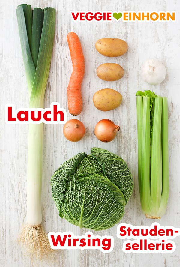 Lauch, Wirsing, Staudensellerie, Karotte, Kartoffeln, Zwiebeln, Knoblauch