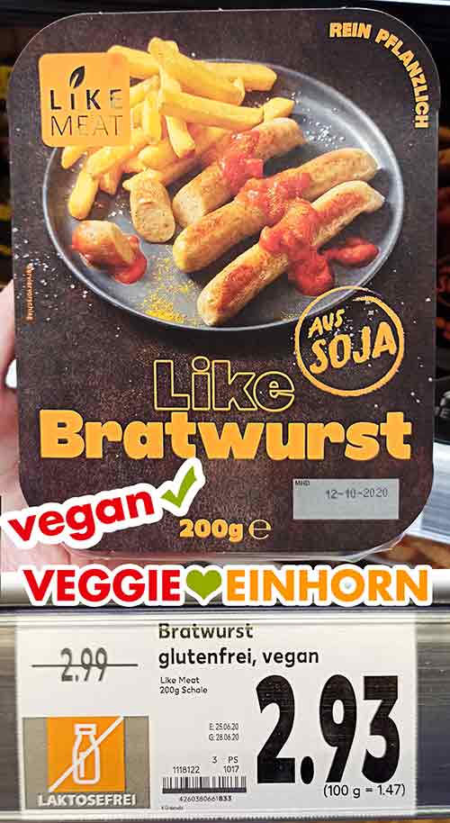 Like Meat Bratwurst Eine Packung vegane Bratwurst von Like Meat im Supermarkt