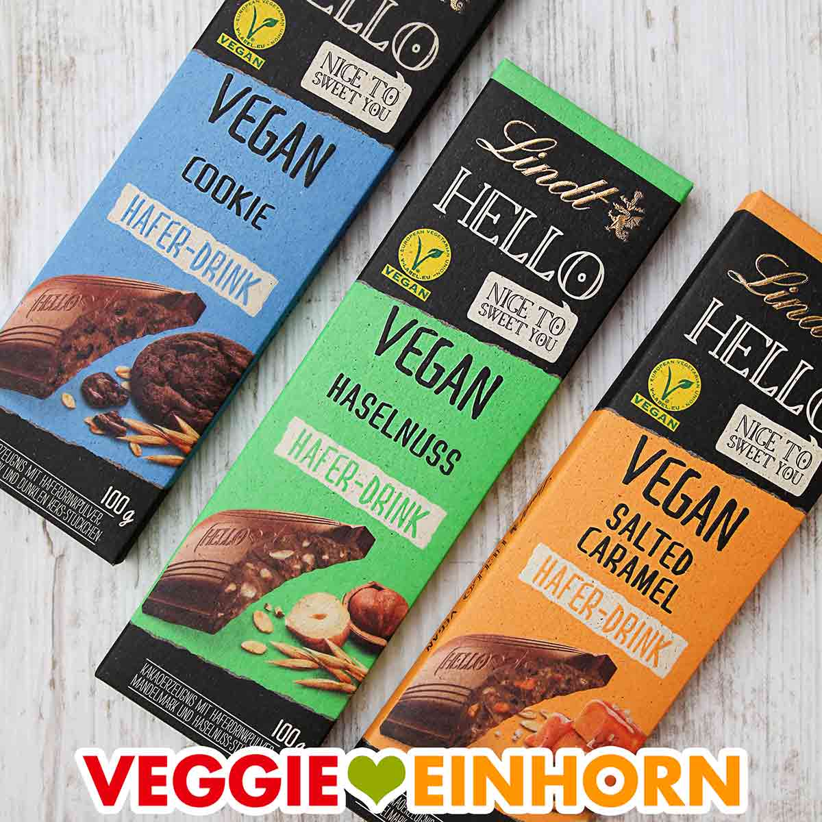 Drei Sorten vegane Schokolade von Lindt Hello