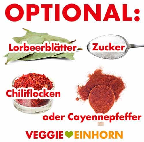 Lorbeerblätter, Zucker, Chiliflocken oder Cayennepfeffer
