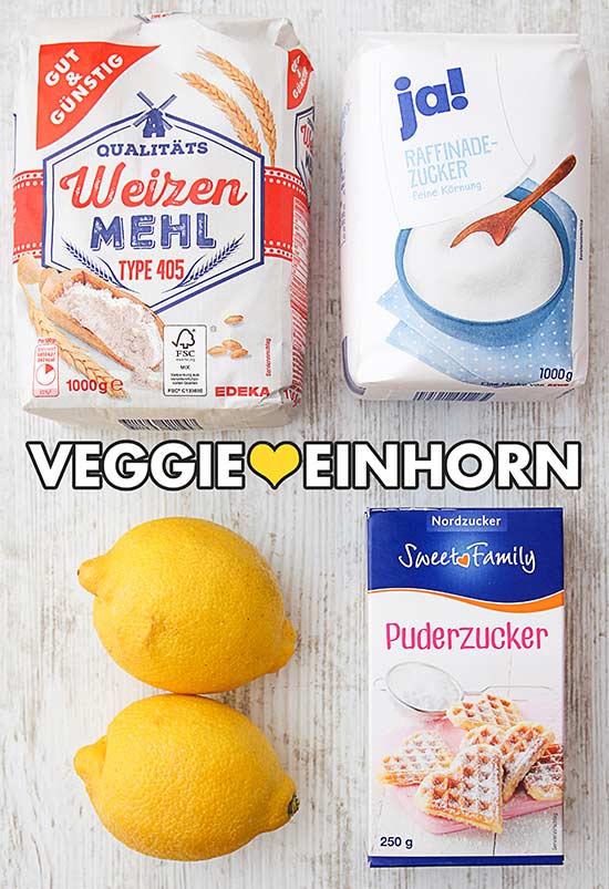Mehl, Zucker, Zitronen, Puderzucker Mehl, Zucker, frische Zitronen, Puderzucker