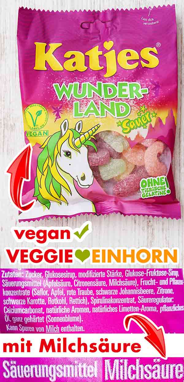 Die Milchsäure in Katjes Wunderland ist vegan. Eine Packung Katjes Wunderland