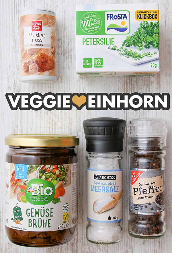Gewürze für veganes Kartoffelpüree Gemahlene Muskatnuss, tiefgefrorene Petersilie, Gemüsebrühe Pulver, Salz und Pfeffer