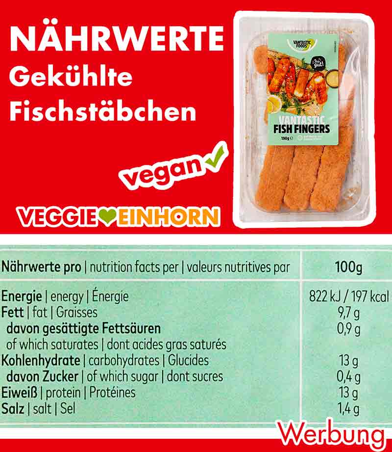 Kalorien der veganen Fischstäbchen von Vantastic Foods Nährwerte Tabelle Vantastic Foods Fish Fingers