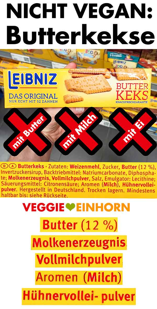 Nicht vegane Zutaten von Butterkeksen Eine Packung Leibniz Butterkekse im Supermarkt und die nicht veganen Zutaten
