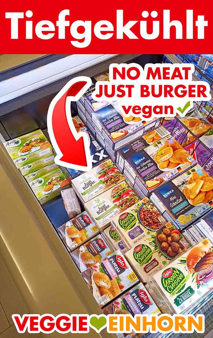 Tiefkühltruhe im Supermarkt mit No Meat Just Burger Packungen No Meat Just Burger in der Tiefkuehltruhe bei Edeka