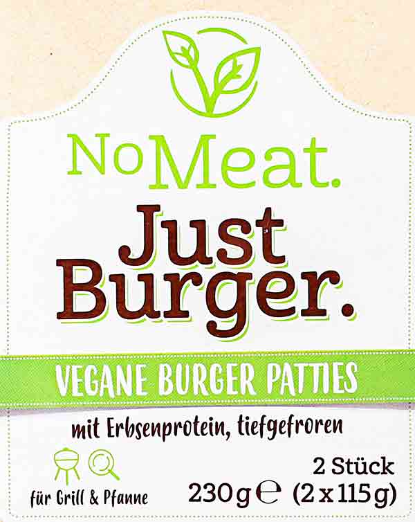 No Meat. Just Burger. Vegane Burger Patties mit Erbsenprotein, tiefgefroren. No Meat Just Burger Logo von der Verpackung