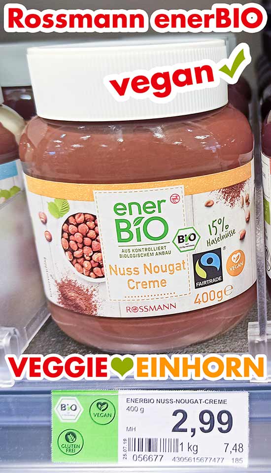 Vegane Nutella von Rossmann enerBio Ein Glas enerbio Nutella im Regal bei Rossmann