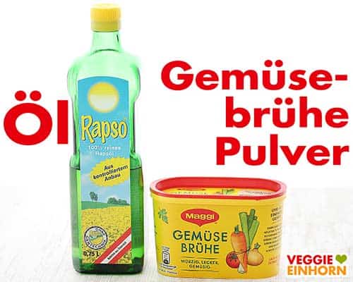 Eine Flasche Rapsöl und eine Packung vegane Gemüsebrühe