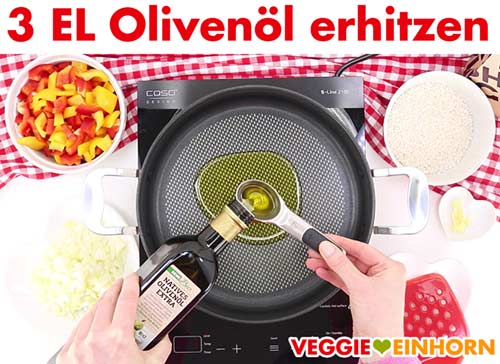 Olivenöl wird in Pfanne erhitzt