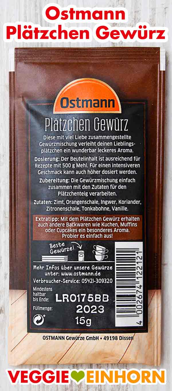 Plätzchengewürz von Ostmann Rückseite des Beutels Ostmann Plätzchengewürz