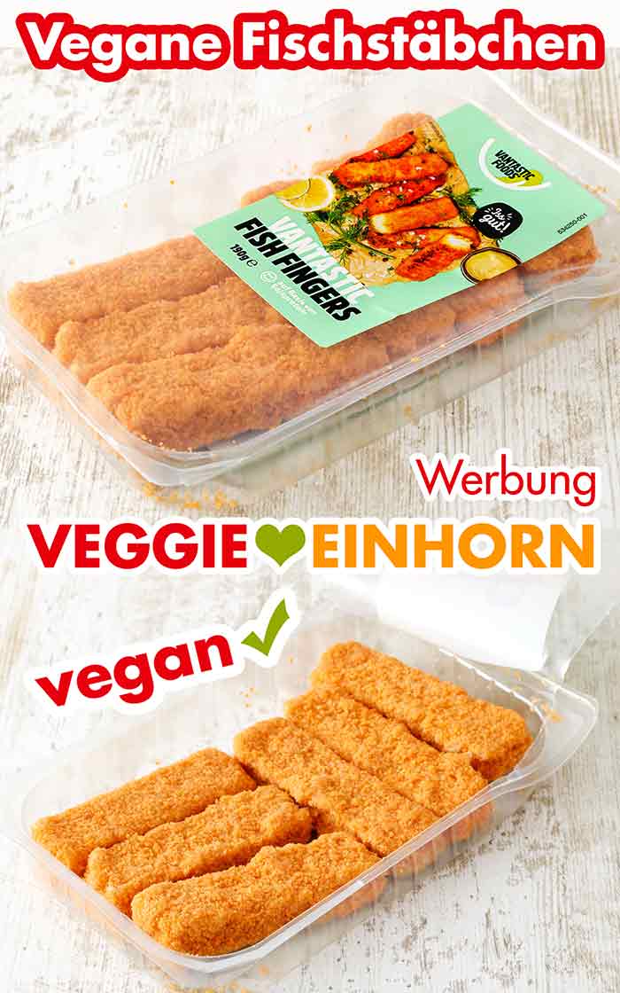 Vegetarische Fischstäbchen von Vantastic Foods in einer Verpackung Eine Packung mit sechs Fischstäbchen von Vantastic Foods
