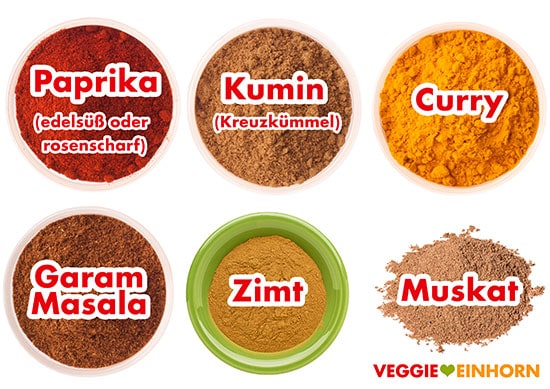 Paprika Pulver, Kumin, Curry, Garam Masala, Zimt und Muskat