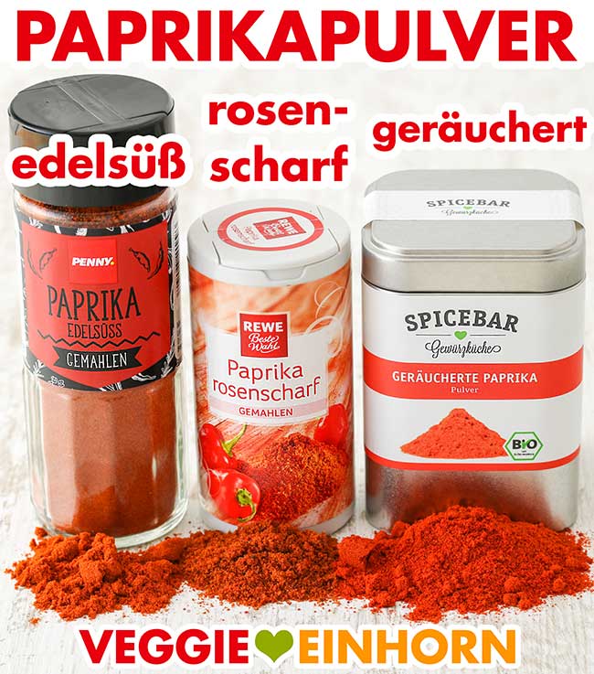 Paprika edelsüß, rosenscharf und geräuchert Drei Packungen mit Paprikapulver