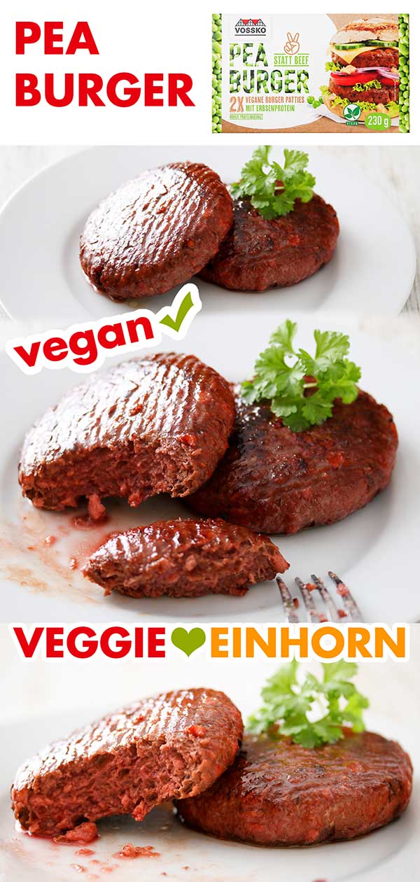So sehen die fertig gebratenen Pea Burger aus. Zwei gebratene Pea Burger Patties auf einem Teller