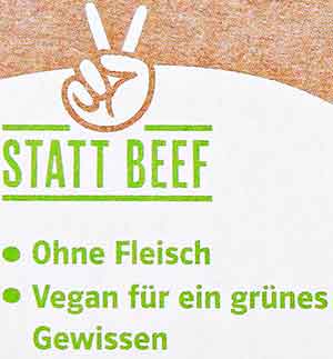 Pea Burger statt Beef. Ohne Fleisch. Vegan für ein grünes Gewissen. Text auf der Pea Burger Packung