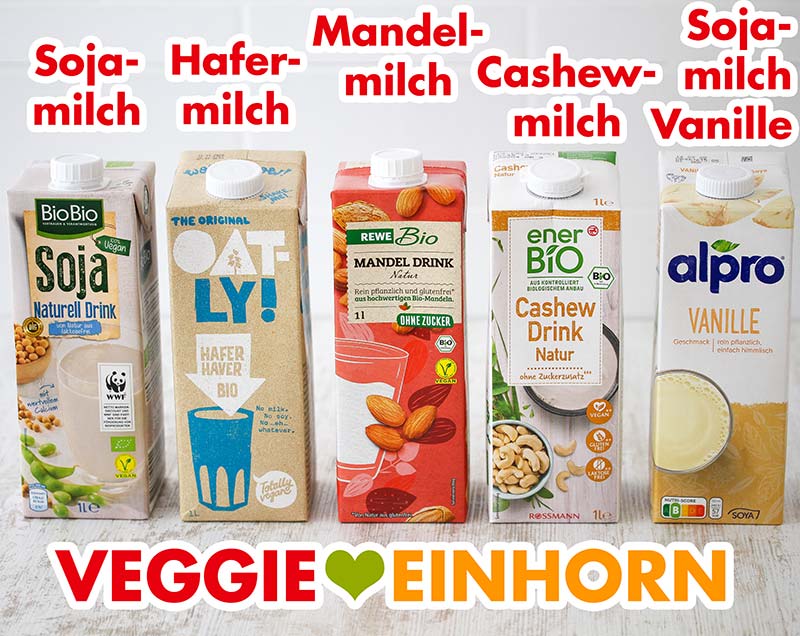 Verschiedene Sorten veganer Milch Sojamilch, Hafermilch, Mandelmilch, Cashewmilch und Sojamilch Vanille