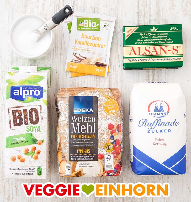 Salz, dm Bio Vanillezucker, Alsan S, Alpro Sojamilch, Edeka Weizenmehl, Diamant Raffinade Zucker Salz, Vanillezucker, vegane Butter, Sojamilch, Weizenmehl, Zucker
