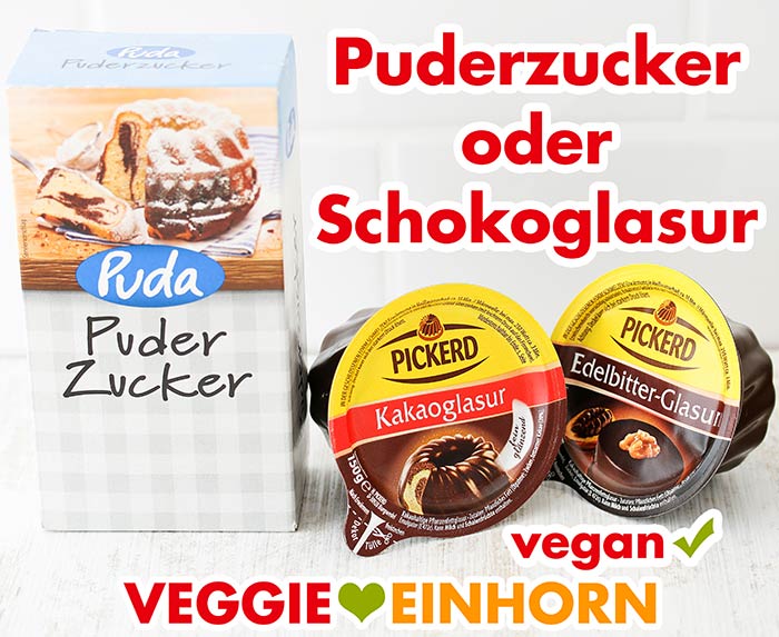 Eine Packung Puderzucker, eine Packung Kakaoglasur und eine Packung Edelbitter-Glasur