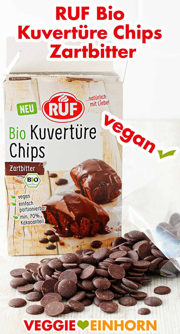 Vegane Zartbitterkuvertüre von RUF Eine Packung vegane Kuvertüre Chips von RUF